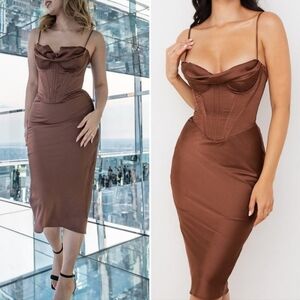 House of CB Chocolate Brown Satin Corset Midi Dress